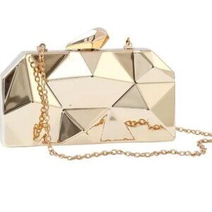 GOLD TONE GEOMETRIC METAL FRAME EVENING CLUTCH BAG